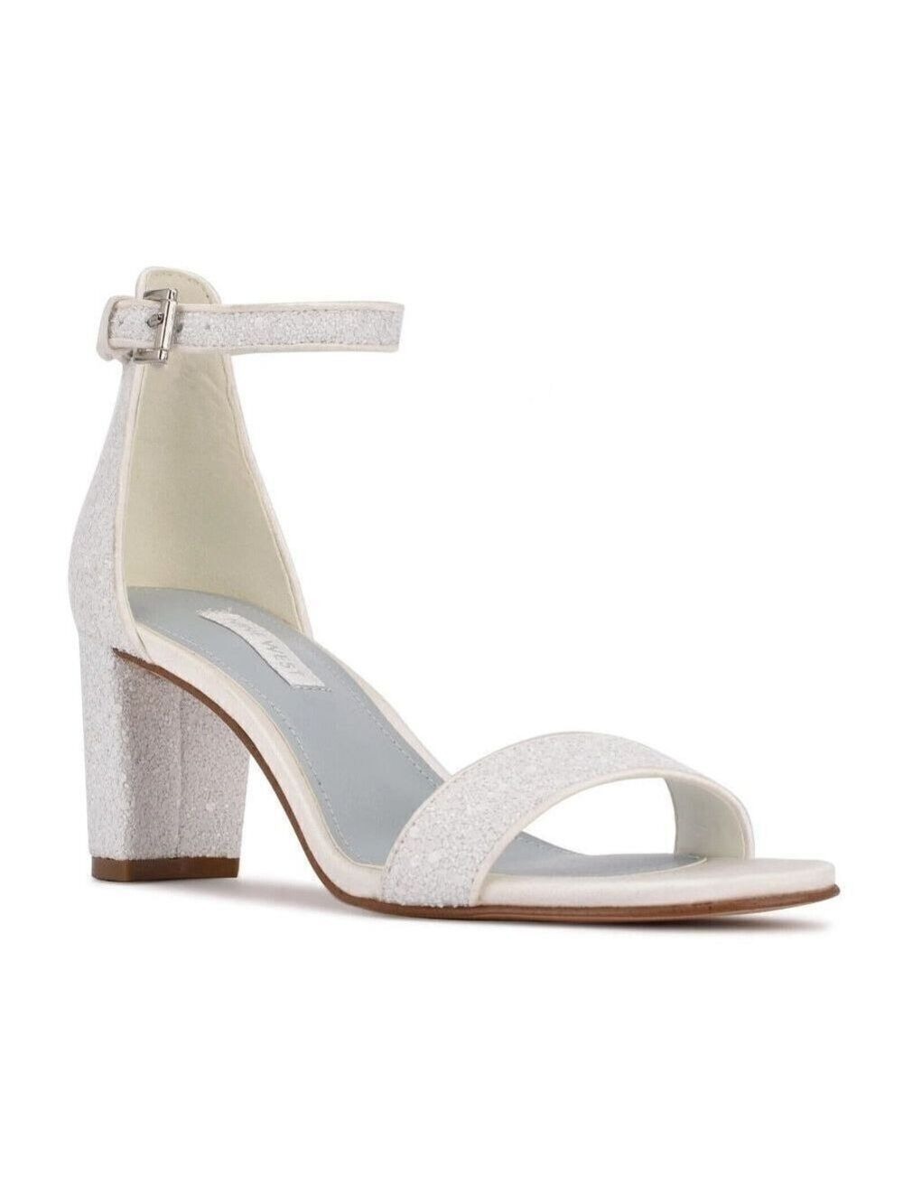 Nine West "Pruce" silver glitter block heel ankle strap Women NEW sandal